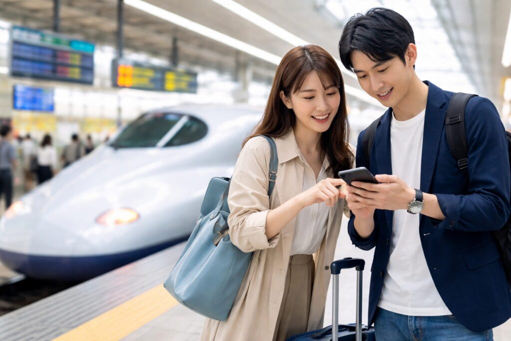 スマホとカードを手にする日本人カップル