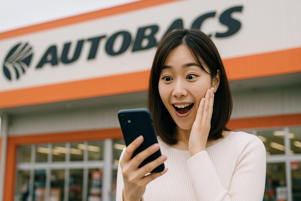 オートバックス店舗前で驚いた表情を見せる若い日本人女性