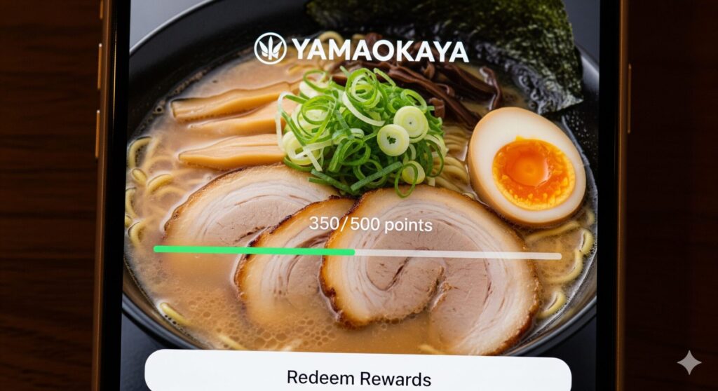 ラーメン店のカウンター席で、スマートフォンに表示された「HACK」という文字と電球のアイコンを真剣な表情で見つめる日本人男性の手元がクローズアップされています。