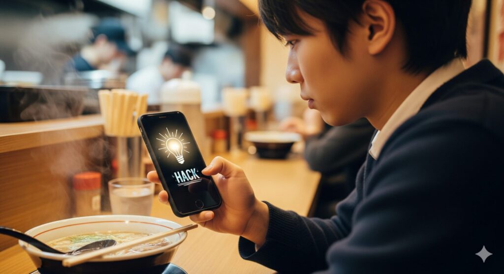 ラーメン店のテーブル席に置かれたQRコードスタンドを、スマートフォンで読み取ろうとしている人の手元が映っています。背景はぼけていますが、店内であることがわかります。