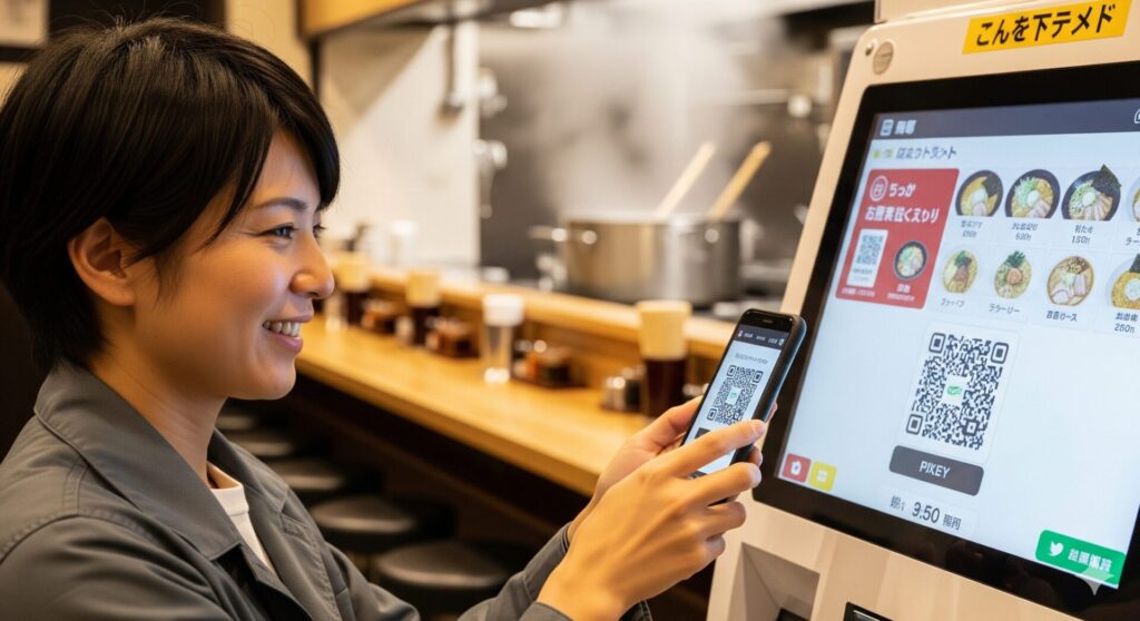 ラーメン店のカウンター席に座る日本人女性が、笑顔でスマートフォンのカメラを券売機のQRコードに向けています。券売機にはラーメンのメニューが表示されています。