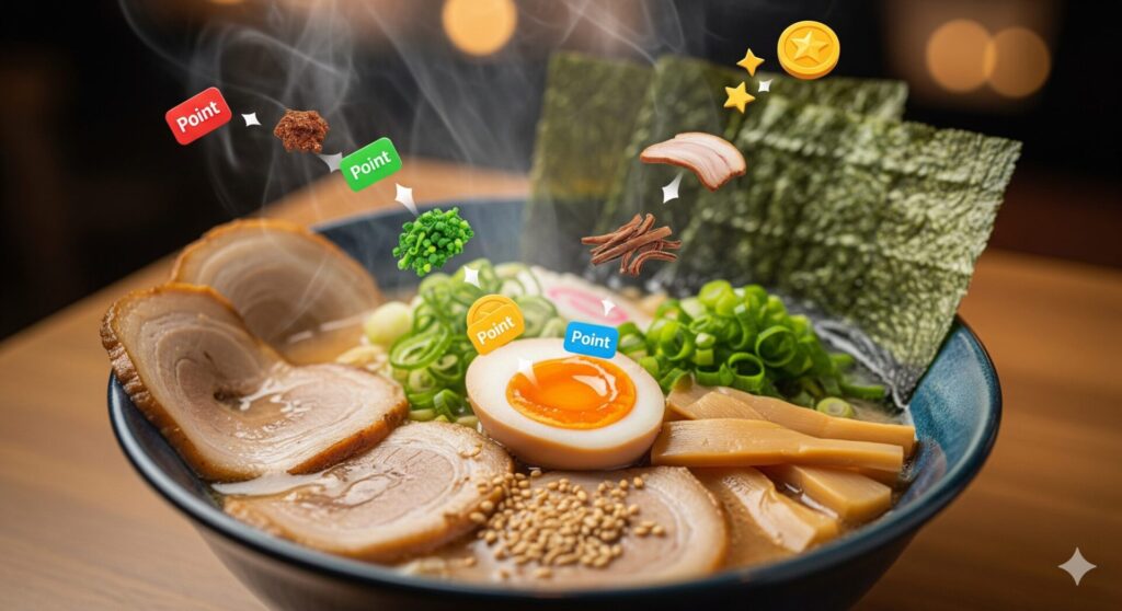 ラーメンの器の上に、様々なトッピングが浮遊しており、「Point」と書かれた札がいくつか見えます。背景には湯気が立ち上り、全体的に食欲をそそる温かい雰囲気です