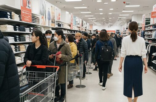 代替テキスト案: 混雑したユニクロの店内で、レジを待つ人々の長い行列。レジ前で会員証をスムーズに表示するテクニックの重要性を示している。