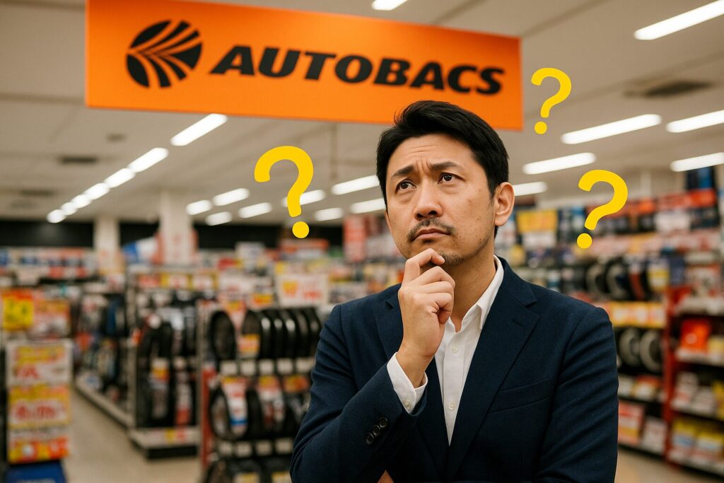 オートバックス店内でスタッフと会話する日本人男性客