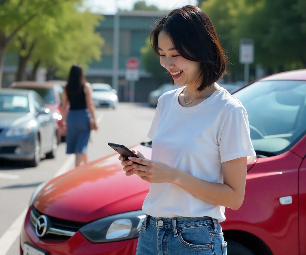 赤い車の前でスマートフォンを操作し笑顔を見せる日本人女性