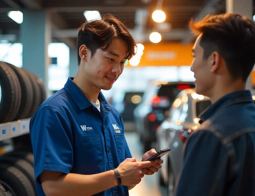 駐車場でスマートフォンを見つめる中年の日本人男性