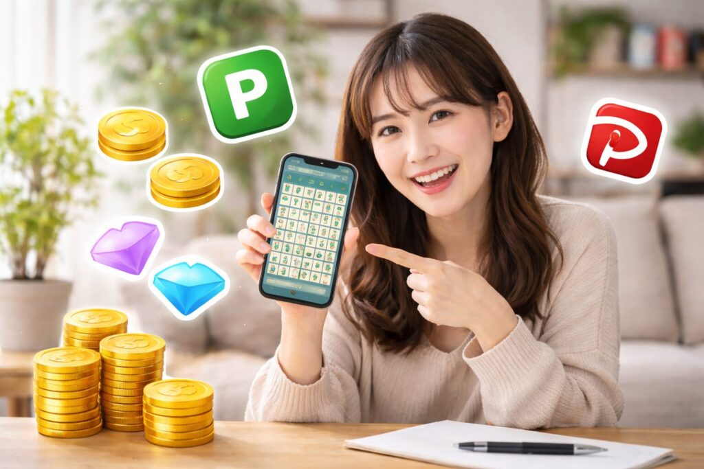 lineナンプレのポイント交換の流れをスマホ画面で確認する日本人女性とコインやジェムのイメージ