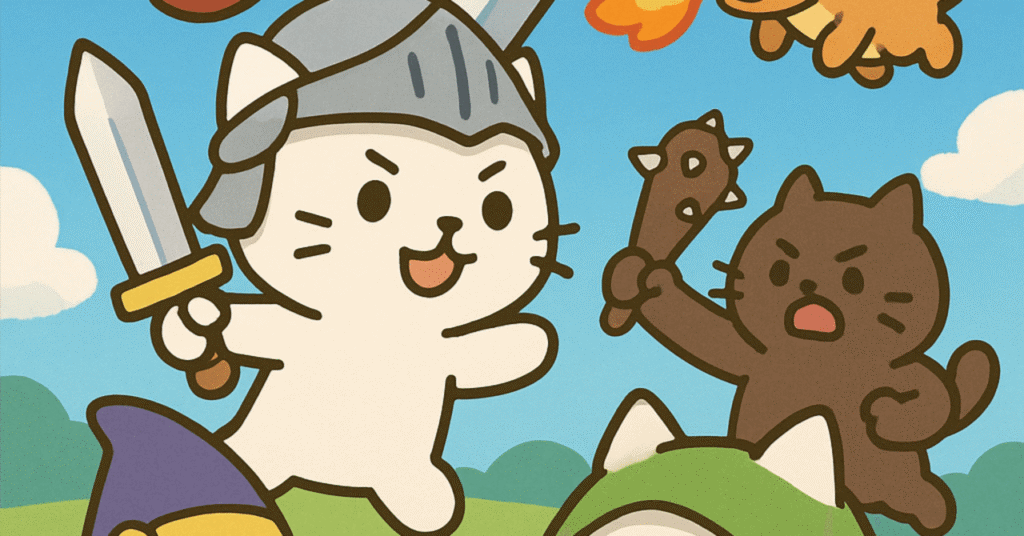 代替テキスト案: 「ぼくとネコ」のキャラクターたちが剣や兜を身に着け、ファンタジーの世界で冒険している様子を描いたイメージイラスト。