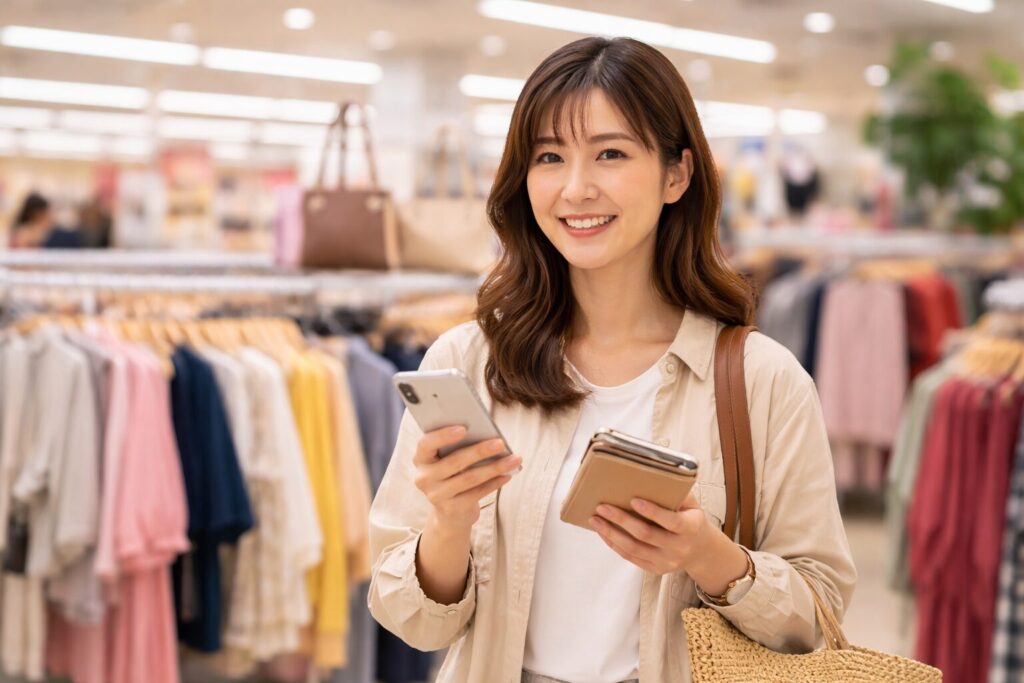 しまむら店舗でわくわくポイントを利用する日本人女性のイメージ