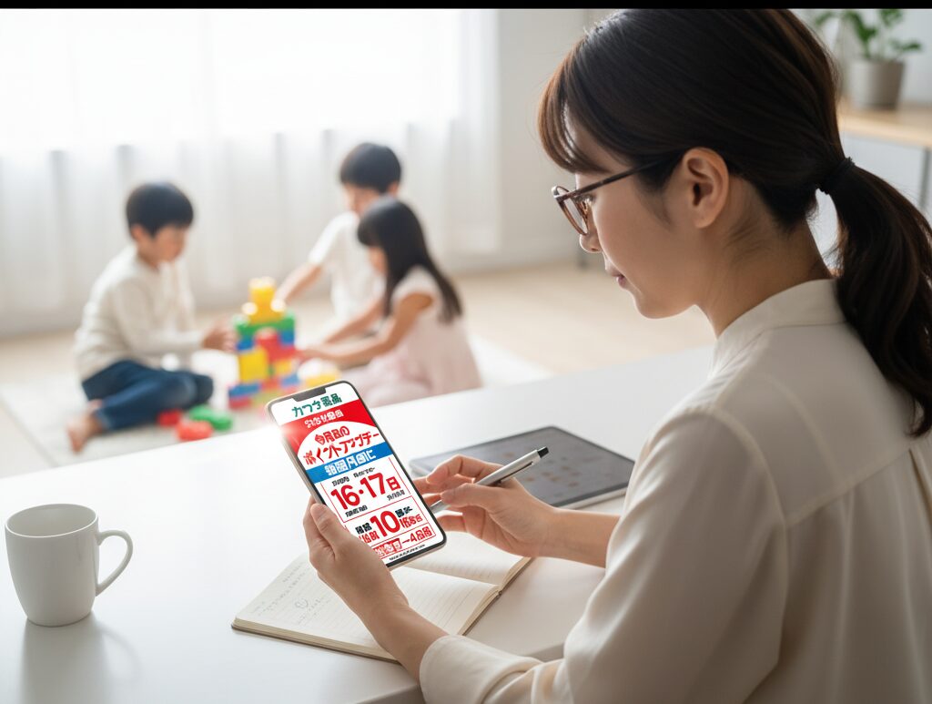 スケジュール帳を広げ、スマートフォンに表示されたカワチ薬品の月中ポイント10倍デーの告知を見ている眼鏡の女性。