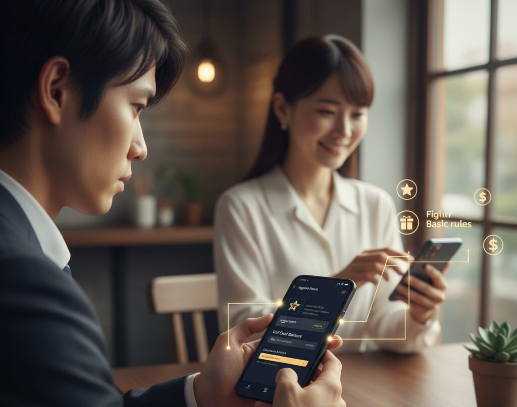 代替テキスト: カフェで一組の男女が、それぞれスマートフォンを見ながらAmazonポイントとギフトカードの基本的なルールについて確認している様子。