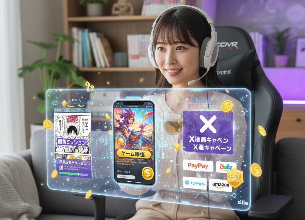 ピッコマのポイ活でゲーム案件に挑戦する女性