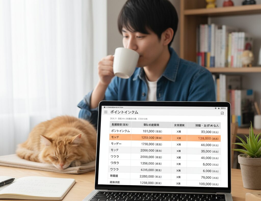 ノートパソコンに表示された各ポイントサイトの報酬額を比較検討している男性。その傍らで猫が気持ちよさそうに眠っている。