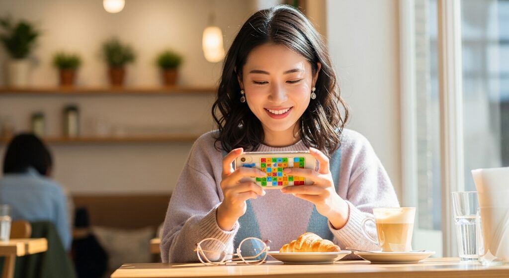 フェでリラックスしながらスマートフォンでLINEナンプレを楽しむ日本人女性