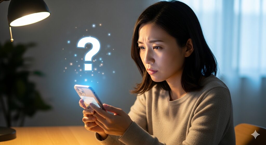 スマートフォンを見ながらポイント交換ができない原因を考えている困った表情の日本人女性