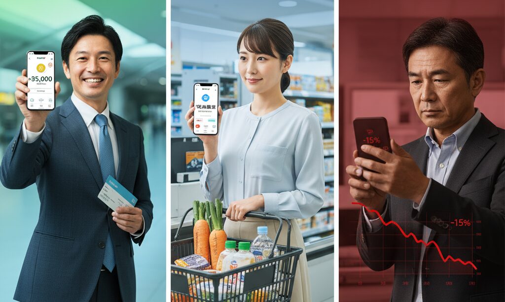 PayPayポイント運用を活用して旅行や買い物に使う例と、株価下落で損失に悩む投資家の対比