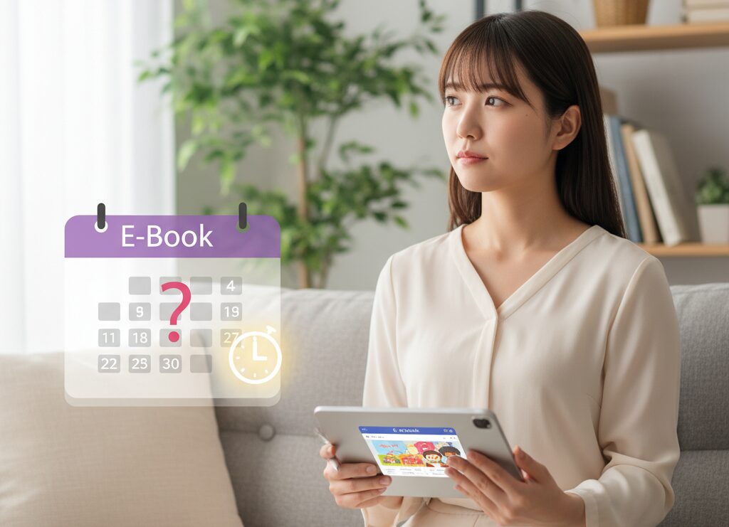 ピッコマのポイ活キャンペーンがいつまで開催されるか、不確定なスケジュールに疑問を持つ女性のイラスト。