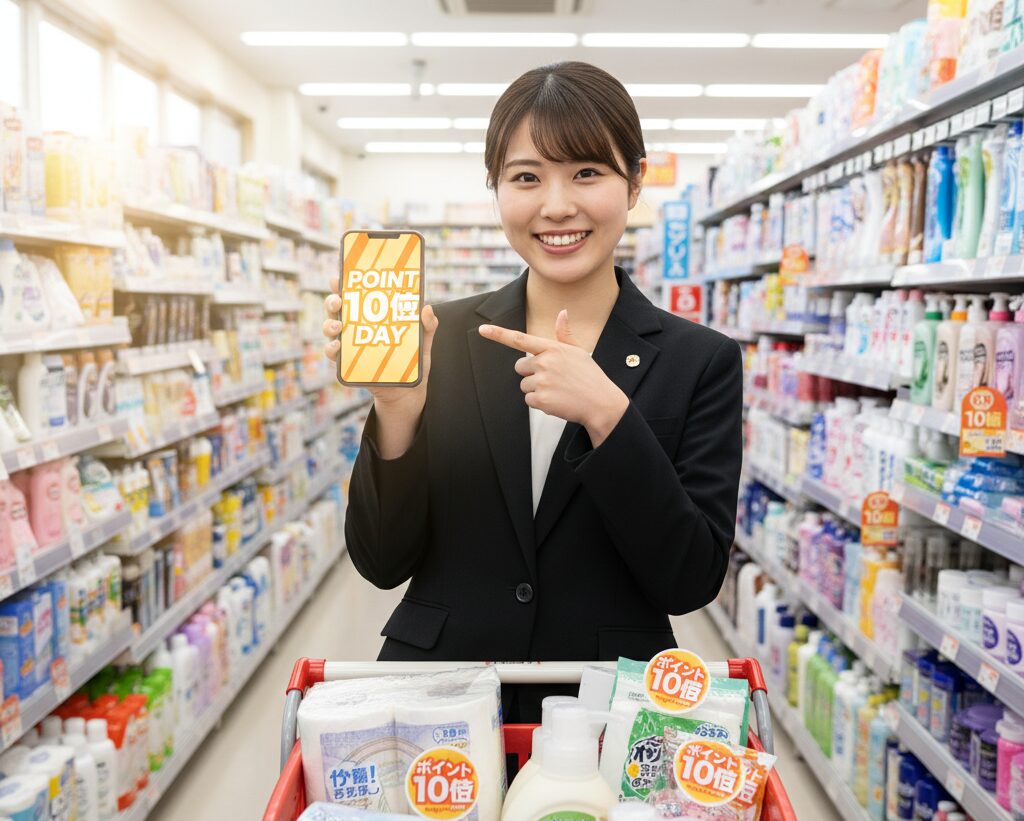 ショッピングカートに日用品をたくさん入れた女性が、ポイント10倍デーを告知するスマートフォンの画面を提示している。