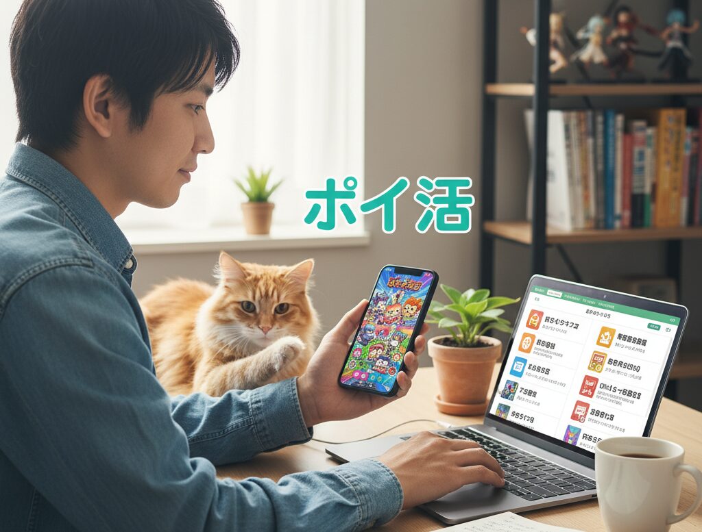 男性が飼い猫の隣で、スマートフォンで「ぼくとネコ」をプレイしながら、ノートパソコンでポイントサイトを確認しポイ活に励んでいる様子。