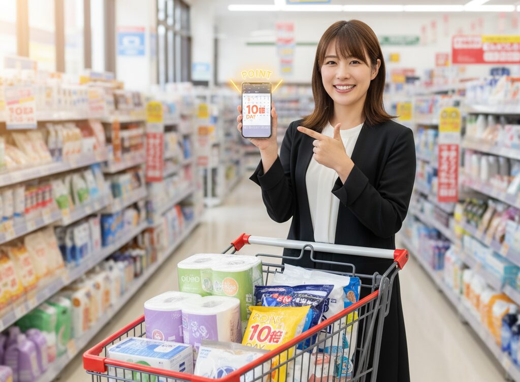 ドラッグストアの売り場で、スマートフォンに表示された「POINT 10倍 DAY」を指差し笑顔を見せる女性。カートには多くの日用品が積まれている。