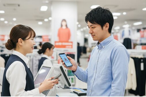 ユニクロのレジで、男性客がスマートフォンに表示した会員証を女性店員に提示している場面。店員はバーコードリーダーを手にしている。
