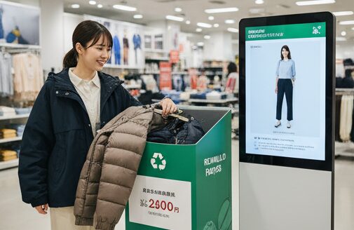 ユニクロの店舗で、女性がダウンジャケットをリサイクルボックスに入れている。リサイクル参加でクーポンがもらえるキャンペーンのイメージ。