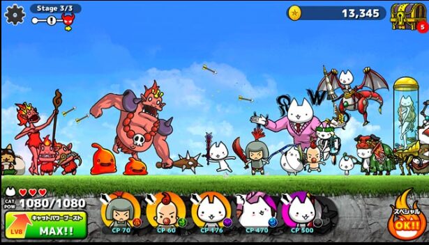 「ぼくとネコ」の実際のゲームプレイ画面。自軍の猫キャラクターたちが協力して、ステージのボスである巨大な敵キャラクターと戦っている。