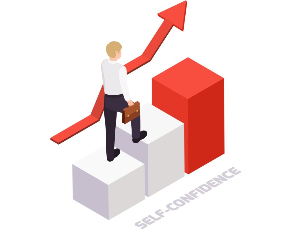 階段状のグラフを上っていくビジネスマンのイラスト。マージコンビニのポイ活で、案件の目標レベルを一段ずつクリアしていくステップアップの様子を表現。