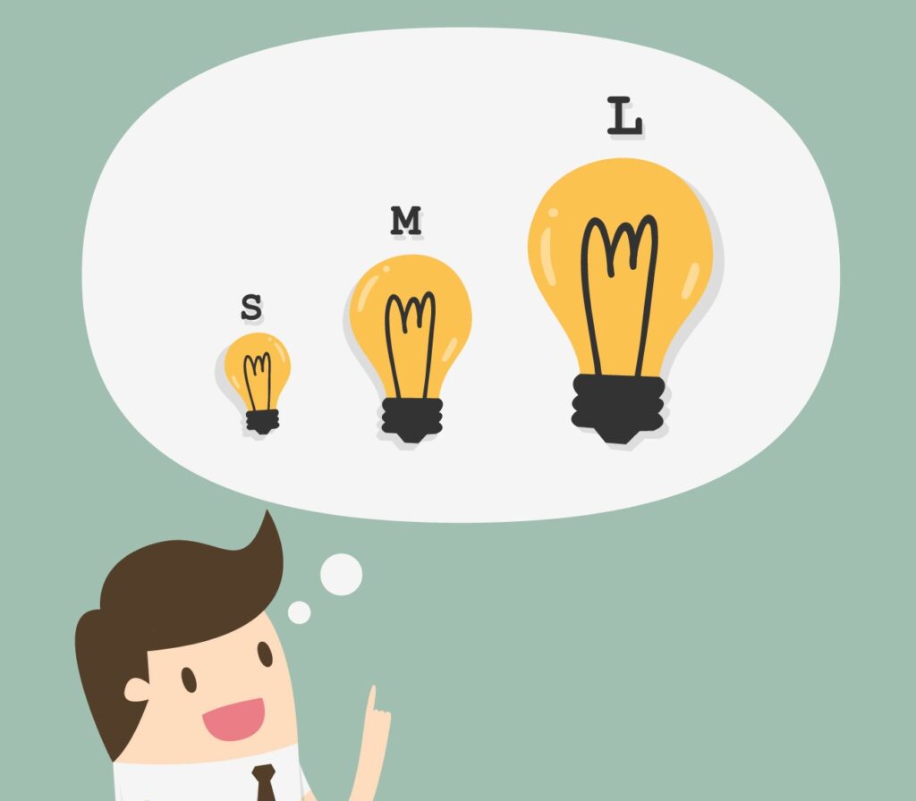 考える男性の頭上にS、M、Lと書かれた3つの異なるサイズの電球が描かれた吹き出しがあるイラスト。獲得できるポイントの量やアプリ選びの基準を比較検討している様子を表している。