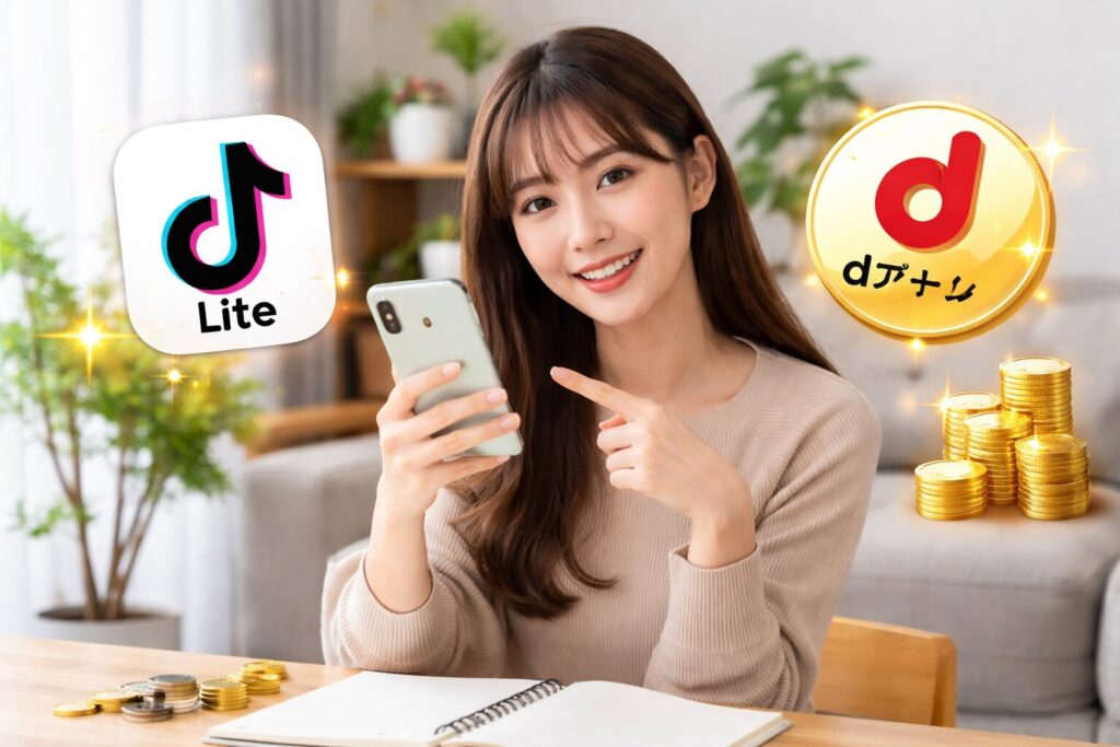 ティックトックライトで貯めたポイントをdポイントに交換するポイ活イメージの日本人女性