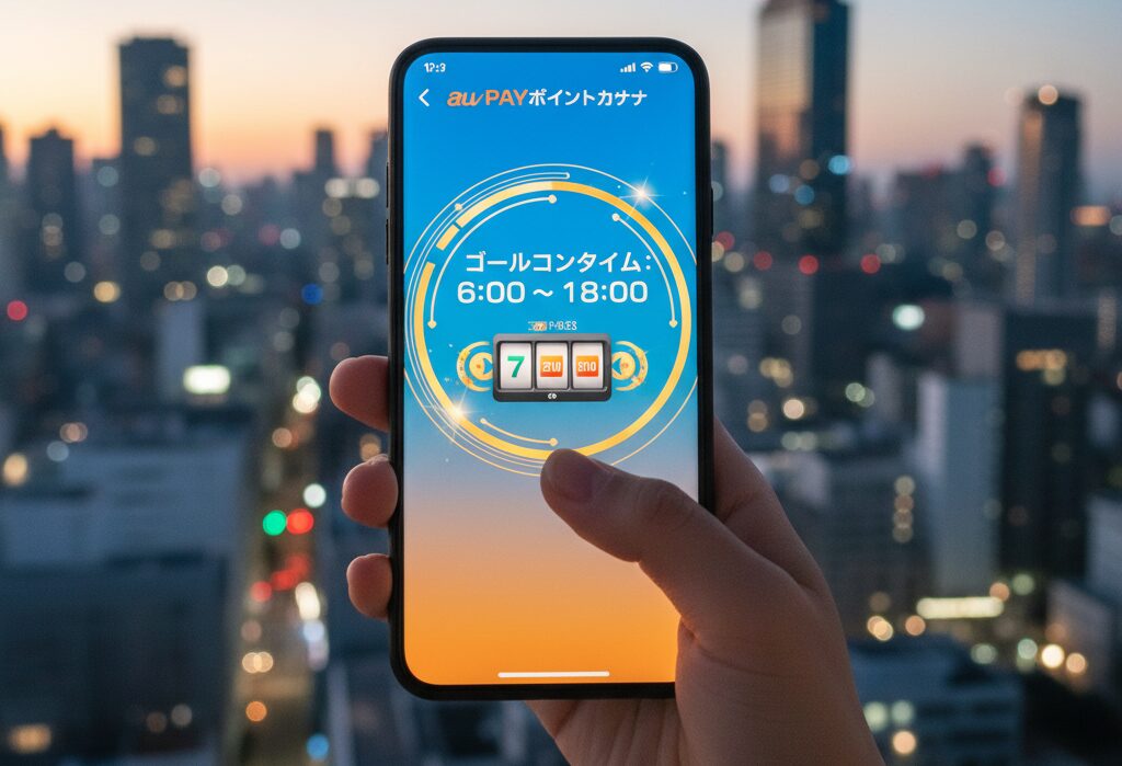 夕暮れの都市のスカイラインを背景に、au PAYポイントガチャのアプリ画面が映し出されたスマートフォンを操作する手が写っています。アプリ画面には「ゴールデンタイム: 6:00~18:00」と表示され、ポイントガチャの「ダブルチャンス」の時間帯を強調しています。