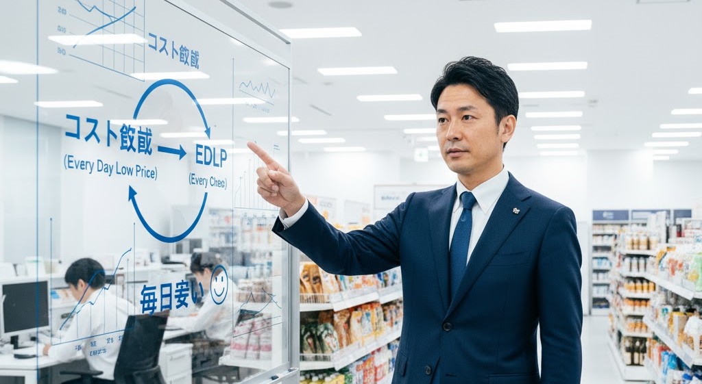 スーツ姿の男性が、ゲンキーの店内で「コスト削減」と「EDLP（エブリデイ・ロープライス）」の関係性を示す図を指差して説明している。