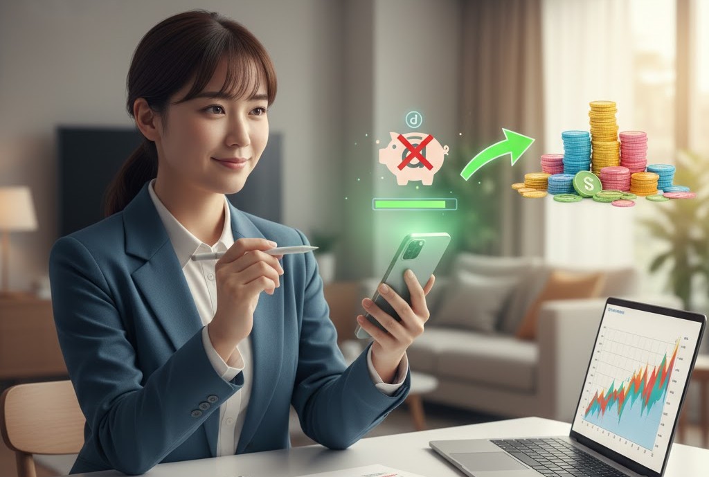 運任せのくじ（$\times$印の貯金箱）から、確実なポイント（コインの山）へ切り替える様子をスマートフォンで確認し、微笑むスーツ姿の女性。