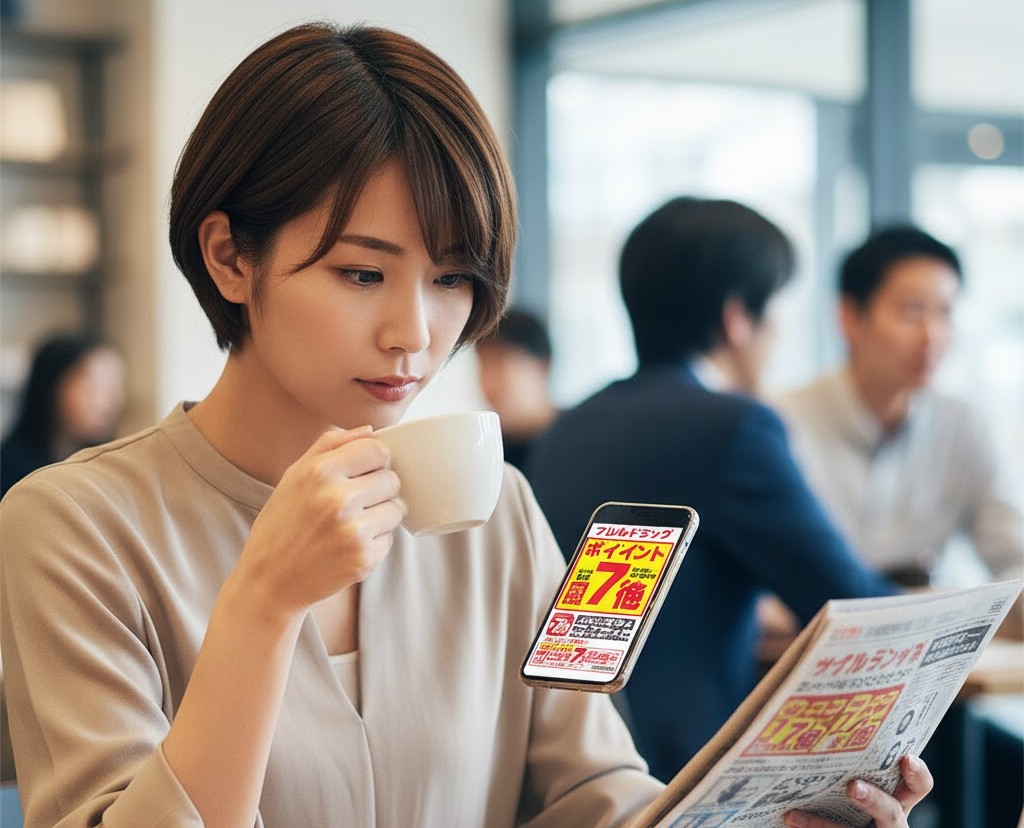 スマートフォンでツルハドラッグのデジタルチラシを確認し、ポイント7倍デーの情報を探している日本人女性