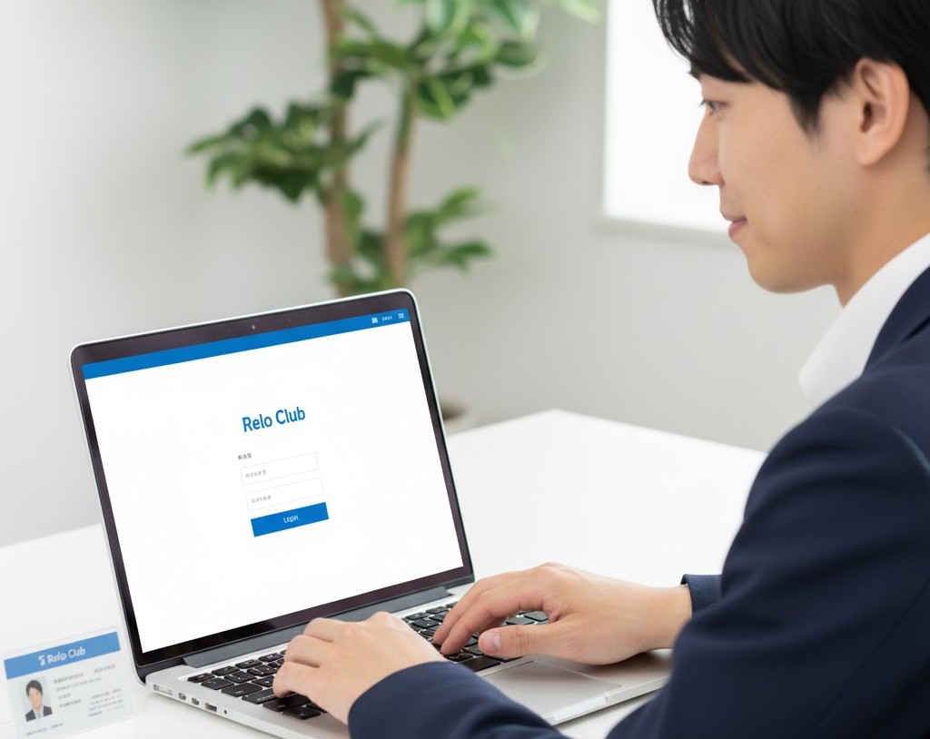 オフィスでノートパソコンを使い、リロクラブのウェブサイトにログインしているビジネスマン。手元にはリロクラブの会員カードとスマートフォンが置かれている。
