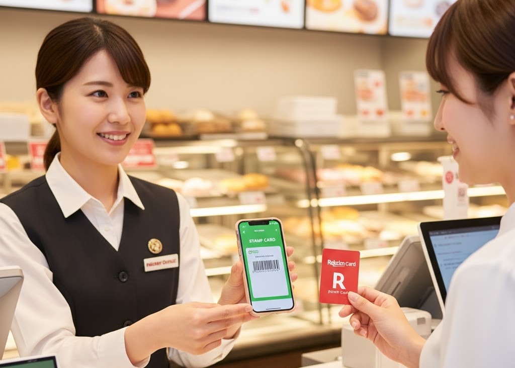 ミスタードーナツの店員が、来店スタンプが貯まる公式アプリのバーコード画面を提示し、お客様が楽天ポイントカードを差し出している。会計時にアプリとポイントカードの両方を提示する基本のステップを表している。