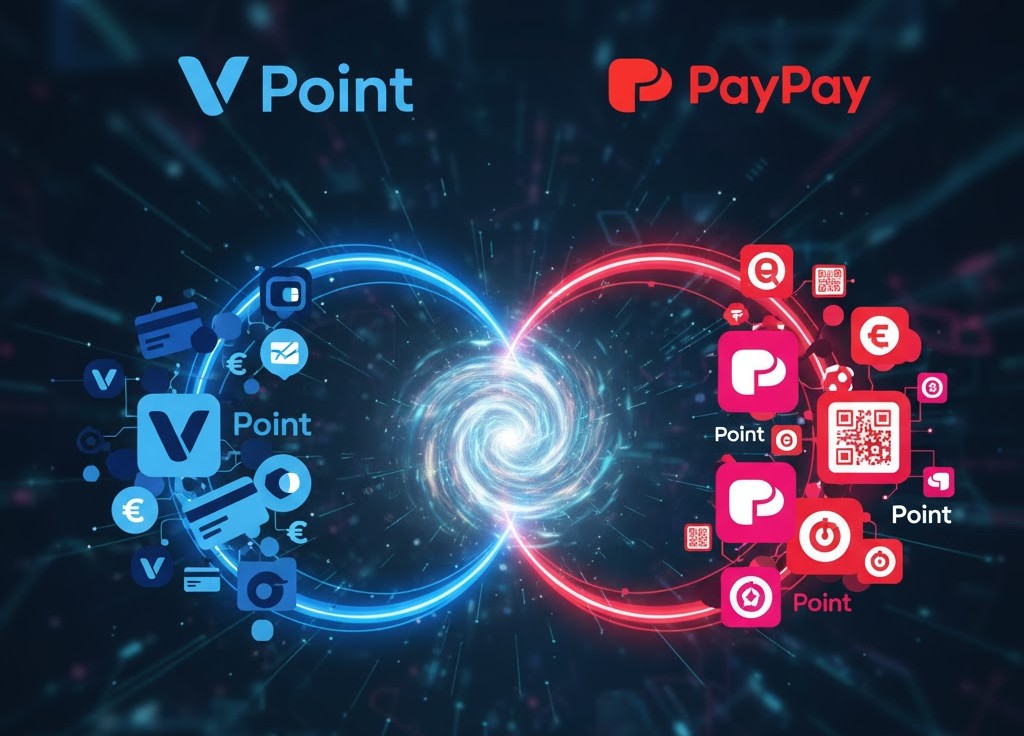 Vポイント（青）とPayPayポイント（赤）が、2025年度から相互に交換可能になることを示す抽象的なイメージ図。