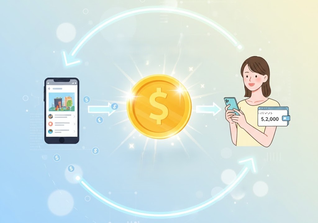 TikTokライトのポイント還元の仕組みを表す図。スマホでの動画視聴（広告視聴）によって発生した収益（中央のコイン）が、ポイントとしてユーザー（右の女性）に還元される流れを示している。