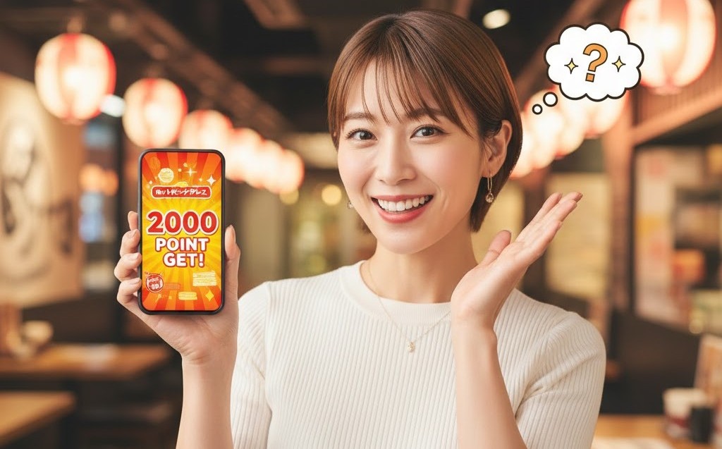 ホットペッパーグルメから突然2000ポイントが付与されて驚いている女性。スマホ画面には「2000 POINT GET!」と表示されている。