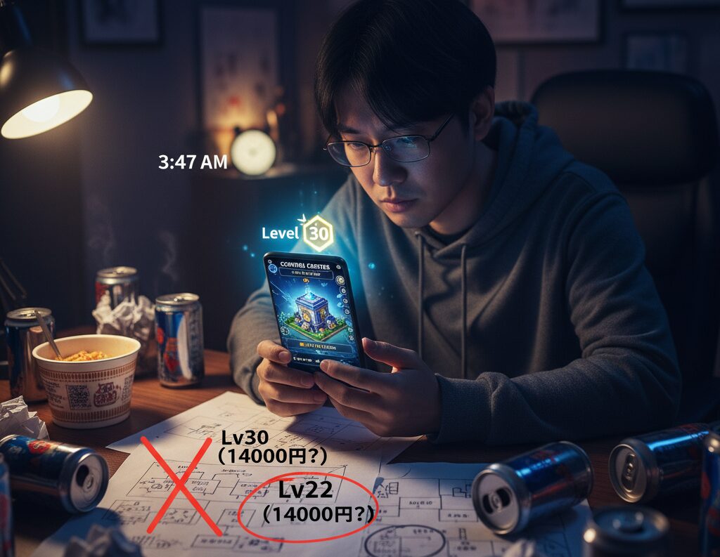 深夜、パズサバのレベル上げに集中する男性。机にはカップ麺や空き缶が散乱し、ポイ活の過酷な現実がうかがえる。画面には「Lv30」の目標が示され、手元のメモには「Lv30 (14000円?)」と「Lv22 (14000円?)」が比較されている。