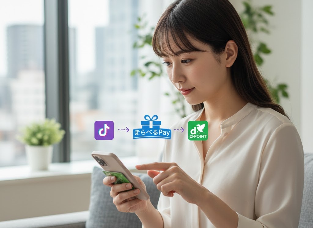 スマートフォンを見て困惑している日本人女性。周囲に「メールアドレスの誤り」「dアカウント連携ミス」「システム遅延・エラー」「交換上限超過」といった、dポイントが反映されない原因を示すアイコンが表示されている。