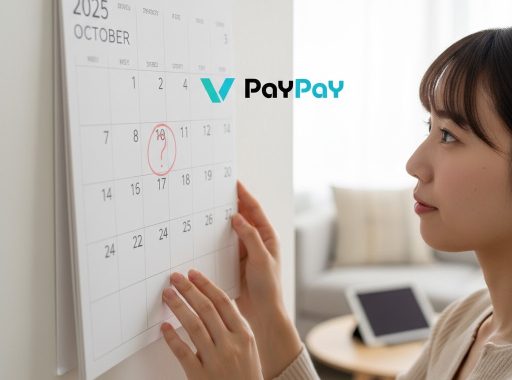 VポイントとPayPayのロゴが描かれた2025年のカレンダーを見ながら、ポイント交換の開始日を心待ちにしている日本人女性。