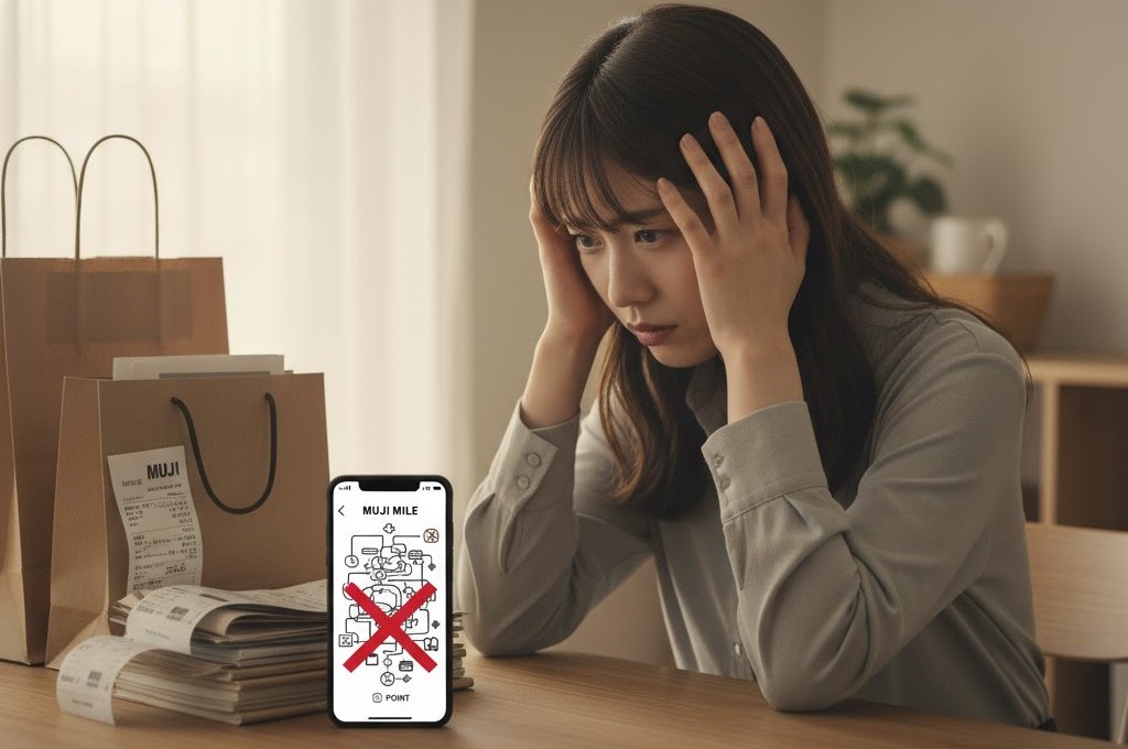 無印良品で買い物をしたのにポイントが貯まらず、旧制度（MUJIマイル）の複雑な仕組みが描かれたスマホを見て頭を抱える女性。