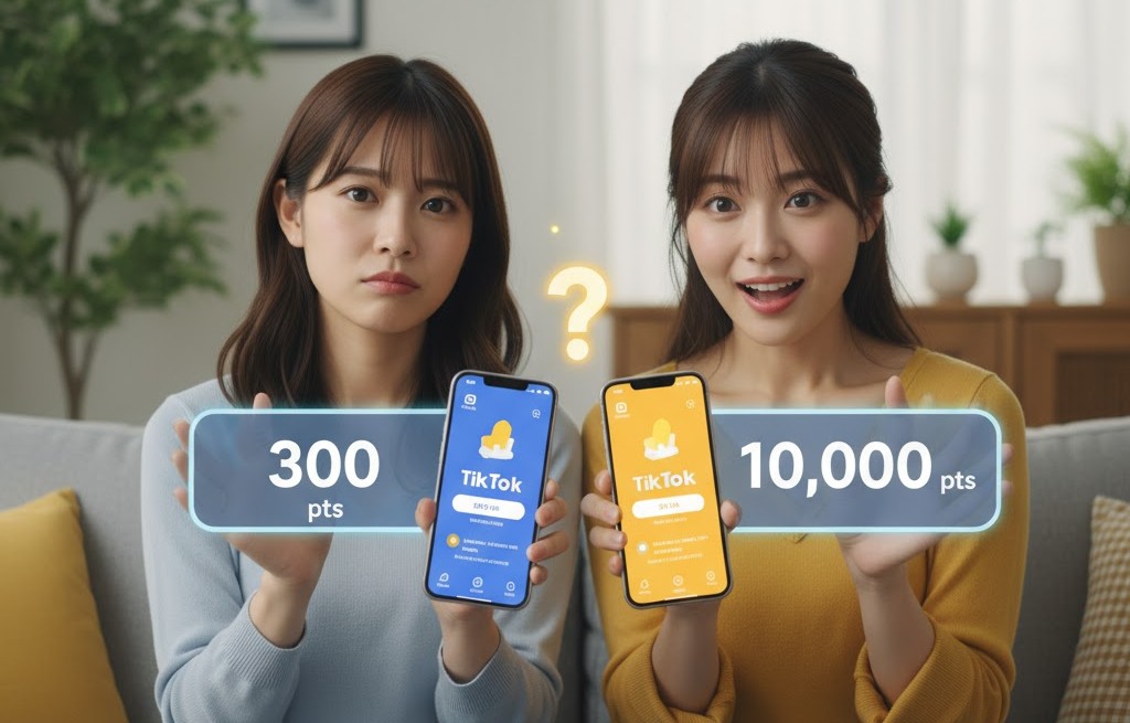 ソファに座った2人の女性がTikTokライトのスマホ画面を比較している様子。左の女性は「300ポイント」で不満そうな顔、右の女性は「10,000ポイント」で喜んでいる顔をしており、ポイントが人によって違うことを表している。