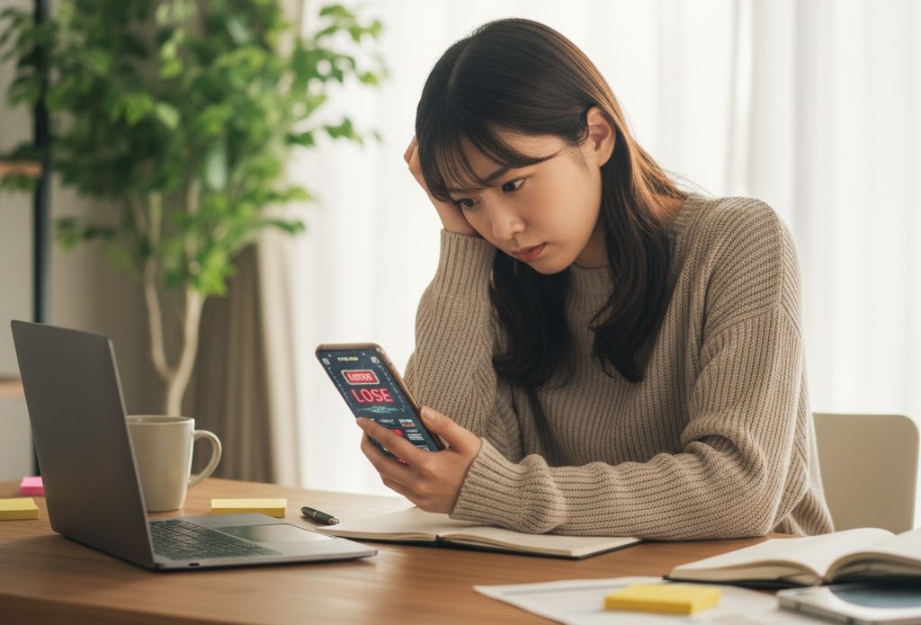 スマートフォンを見て「LOSE」という表示に落ち込む女性。「dポイント毎日くじが当たらない」という悩みを表現している。