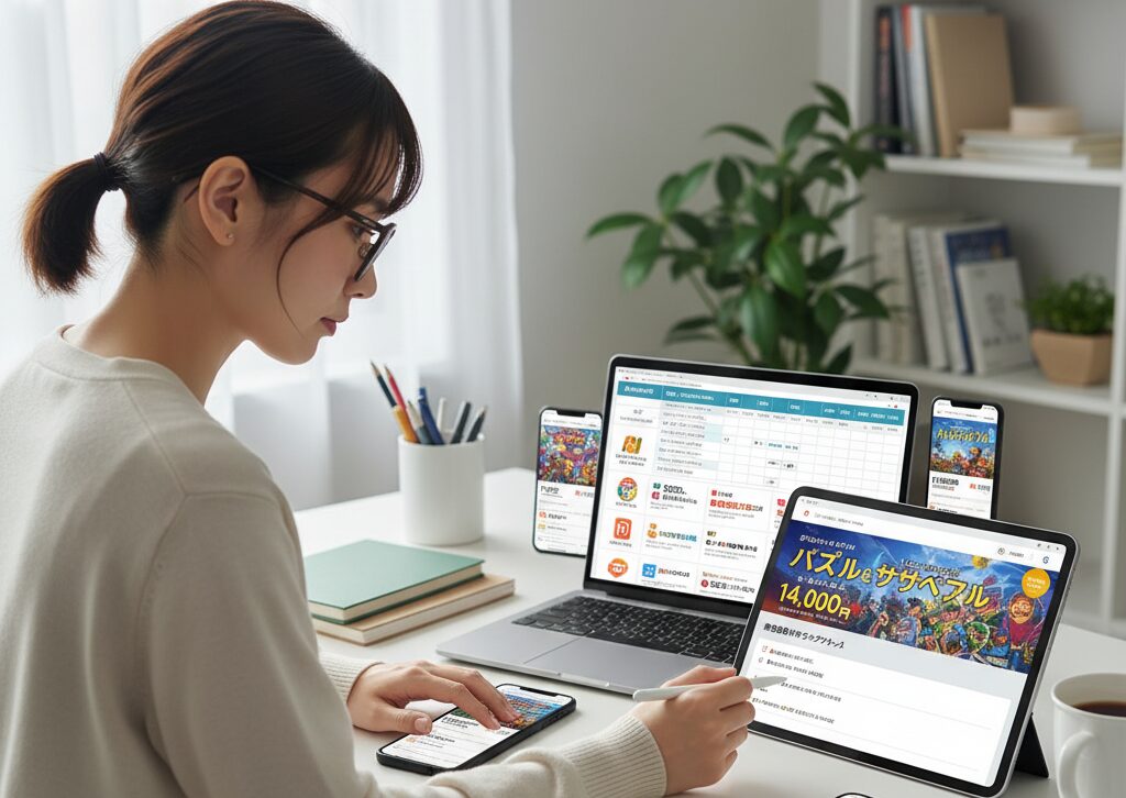 明るい部屋で複数のデバイス(ノートPC、タブレット、スマートフォン)を使ってポイントサイトを比較検討する日本人女性。各デバイスには「パズル&サバイバル」のポイ活案件が表示されており、報酬額や条件を確認している様子。