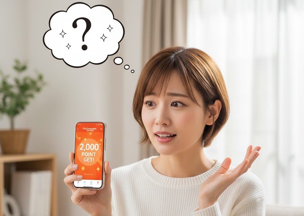 ホットペッパーグルメから2000ポイントが付与されたスマホを見て、「なぜ？」と疑問に思っている女性。