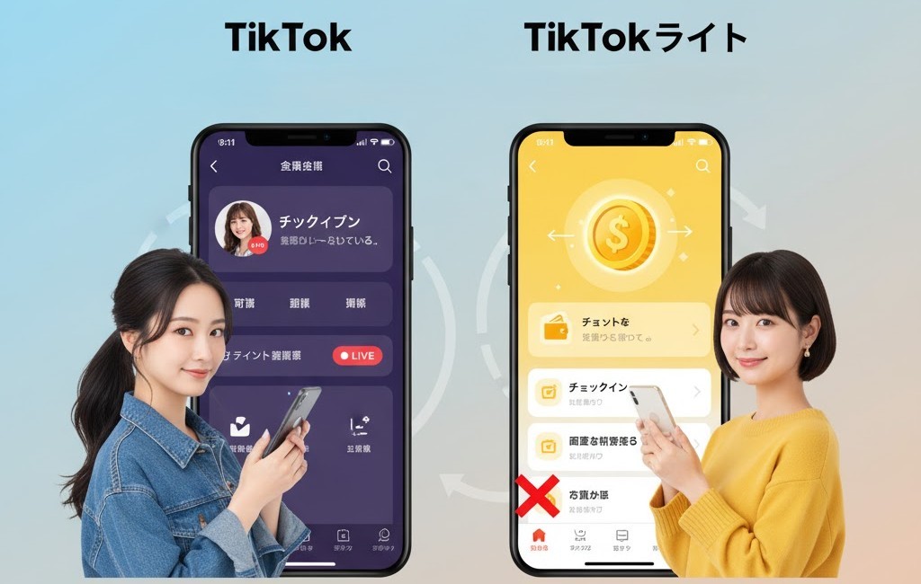 通常版TikTokとTikTokライトの機能の違いを比較する画像。左の通常版は動画投稿やライブ配信が中心の画面。右のTikTokライトは、「チェックイン」などのポイント獲得タスクが中心の画面になっている。