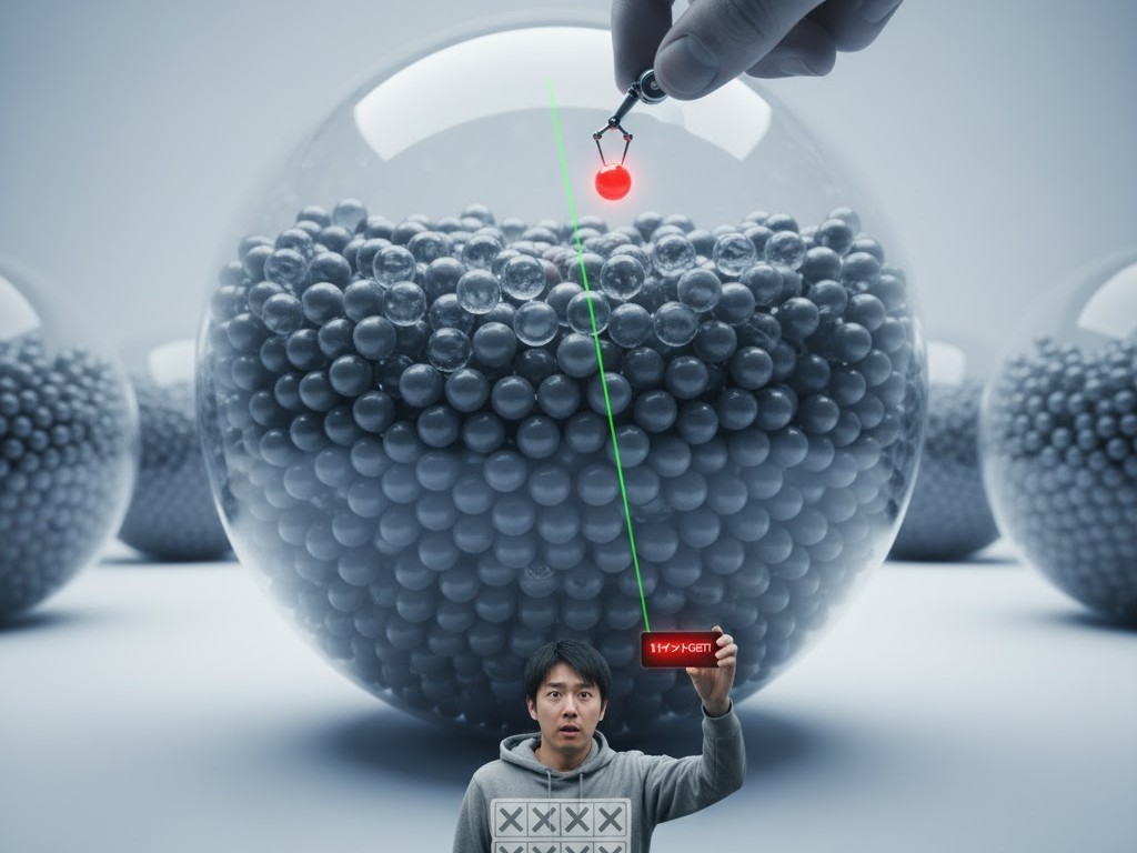 大量の玉が入った巨大なガラポンから、クレーンがごく一つの当たり玉を引こうとしている様子。dポイント毎日くじの当選確率が非常に低いことを表している。