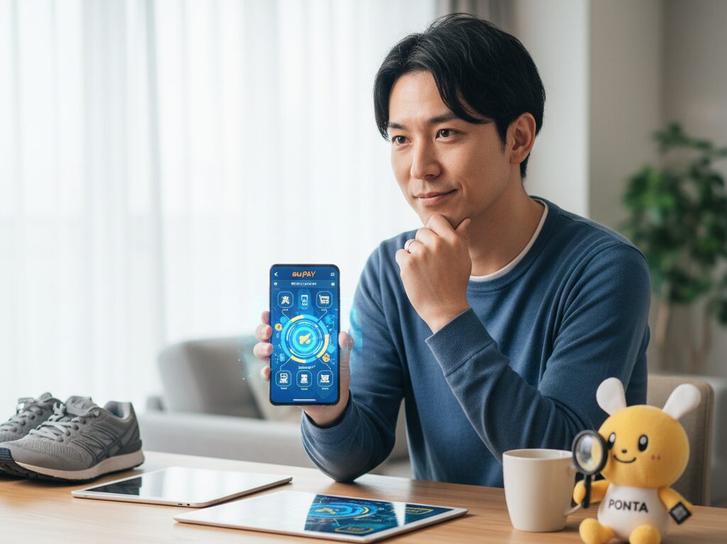 自宅のリビングでスマートフォンを手に持ち、au PAYアプリの画面を眺める日本人男性の姿です。彼は何かを思案している様子で、隣にはau PAYのキャラクター「Ponta」のぬいぐるみやタブレット、スニーカーなどが置かれ、生活に溶け込んだポイ活の様子を表しています。